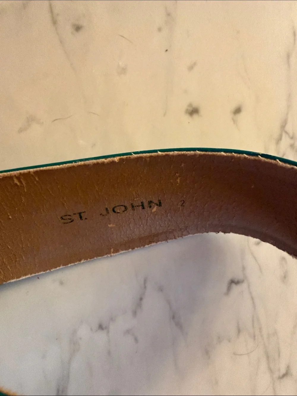 St. John blue green 2” wide Leather Belt Enamel VINTAGE Gold 9576 sz 2 80s power - Picture 4 of 8